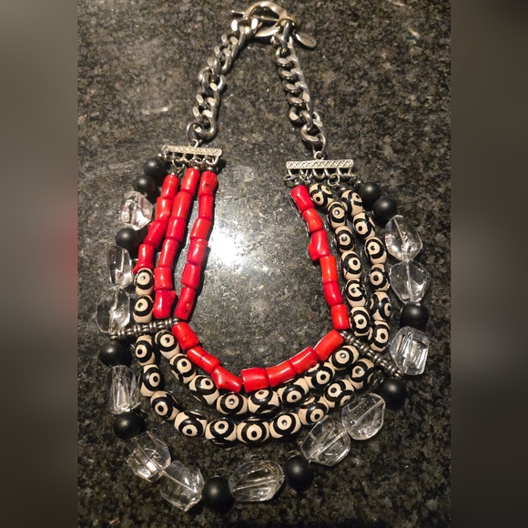 Funky One Of A Kind Red and Black Beaded Necklace. Handmade By Canadian Artist - Picture 1 of 2
